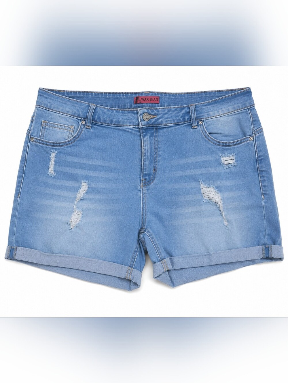 Wax Jean Distressed Denim Shorts Light Wash Rolled Hem Stretch Denim